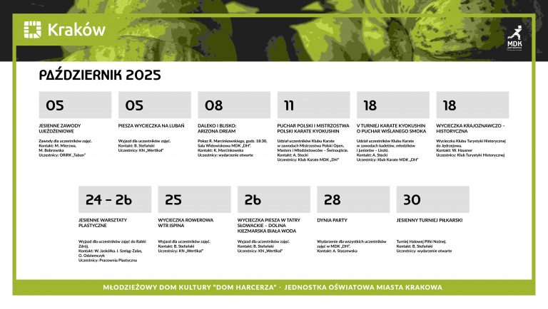 Na obrazku widać harmonogram wydarzeń na październik 2025 w MDK Dom Harcerza